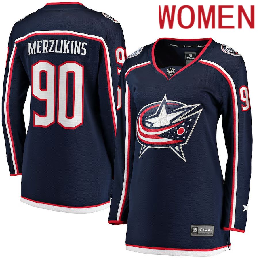 Women Columbus Blue Jackets 90 Elvis Merzlikins Fanatics Branded Navy Home Breakaway NHL Jersey